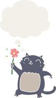 cartoon cat with flower and thought bubble in retro style vector