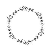 Spring floral wreath isolated on white background. Round frame with flowers. Vector hand-drawn illustration in doodle style. Perfect for cards, invitations, decorations, logo, various designs.