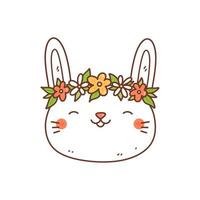 lindo conejito sonriente con una corona de flores aislada sobre fondo blanco. ilustración vectorial dibujada a mano en estilo kawaii. perfecto para tarjetas, estampados, camisetas, afiches, decoraciones, logo. personaje animado. vector