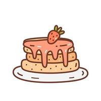 Cute pancakes with strawberry jam decorated with berries. Sweet food isolated on white background. Vector hand-drawn illustration in doodle style. Perfect for cards, decorations, logo, menu.