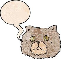 cartoon cat face and speech bubble in retro texture style vector