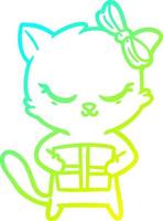 cold gradient line drawing cute cartoon cat with bow vector