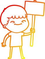 warm gradient line drawing cartoon smiling boy with placard vector