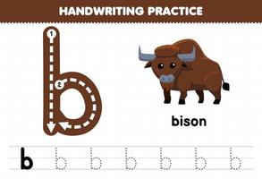 juego educativo para niños práctica de escritura a mano con letras minúsculas b para hoja de trabajo imprimible de bisonte vector