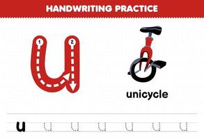 Education game for children handwriting practice with lowercase letters u for unicycle printable worksheet vector