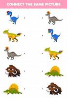 Education game for children connect the same picture of cute cartoon prehistoric dinosaur printable worksheet vector