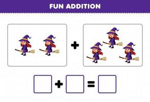 Education game for children fun addition by counting cute cartoon flying witch with broom pictures printable halloween worksheet vector