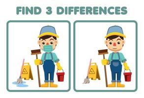 Education game for children find three differences between two cute cartoon janitor profession printable worksheet vector