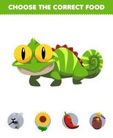 Education game for children choose the correct food for cute cartoon animal iguana mosquito flower chilli or honey printable worksheet vector