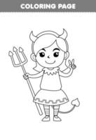 juego educativo para niños página para colorear de dibujos animados lindo disfraz de niña diablo arte lineal hoja de trabajo imprimible de halloween vector