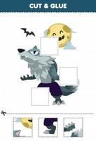 juego educativo para niños cortar y pegar cortar partes de un lindo disfraz de hombre lobo de dibujos animados y pegarlas hoja de trabajo imprimible de halloween vector
