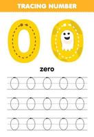 Education game for children tracing number zero with halloween theme yellow moon printable worksheet vector