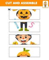 Education game for children cutting practice and assemble puzzle with cute cartoon pumpkin boy costume halloween printable worksheet vector