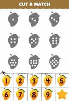 juego educativo para niños cuente los puntos en cada silueta y combínelos con la hoja de trabajo imprimible de frutas de mango numerada correcta vector