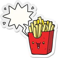 cute cartoon box of fries and speech bubble sticker vector