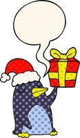 cartoon penguin and christmas present and speech bubble in comic book style vector