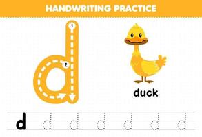 juego educativo para niños práctica de escritura a mano con letras minúsculas d para hoja de trabajo imprimible de pato vector