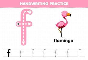 juego educativo para niños práctica de escritura a mano con letras minúsculas f para flamingo hoja de trabajo imprimible vector