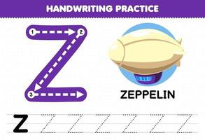 juego educativo para niños práctica de escritura a mano con letras mayúsculas z para hoja de trabajo imprimible zeppelin vector