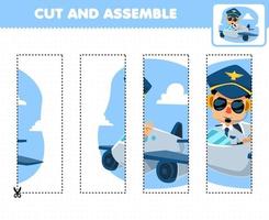 Education game for children cutting practice and assemble puzzle with cute cartoon pilot profession printable worksheet vector