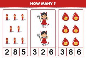 Education game for children counting how many cute cartoon candle devil girl costume and fire halloween printable worksheet vector