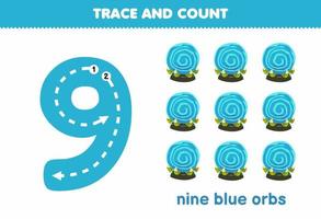 Education game for children tracing number nine and counting of cute cartoon blue orb halloween printable worksheet vector