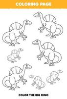 juego educativo para niños página para colorear imagen grande o pequeña de dibujos animados lindo dinosaurio prehistórico espinosaurio arte lineal hoja de trabajo imprimible vector