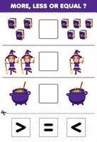 Education game for children more less or equal count the amount of cute cartoon magic book cauldron witch costume then cut and glue cut the correct sign halloween worksheet vector