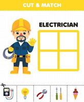Education game for children cut and match the correct stuff for cute cartoon electrician profession printable worksheet vector