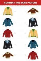 Education game for children connect the same picture of cartoon wearable clothes cardigan blazer flannel tuxedo suit jacket printable worksheet vector