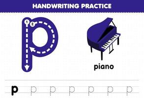 juego educativo para niños práctica de escritura a mano con letras minúsculas p para piano hoja de trabajo imprimible vector