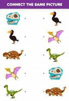 Education game for children connect the same picture of cute cartoon prehistoric dinosaur printable worksheet vector