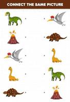 Education game for children connect the same picture of cute cartoon prehistoric dinosaur printable worksheet
