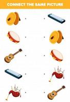 Education game for children connect the same picture of cartoon music instrument cymbals tambourine guitar harmonica bagpipes printable worksheet vector