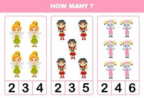 Education game for children counting how many cute cartoon fairy superhero and zombie girl costume halloween printable worksheet vector