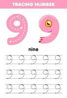 Education game for children tracing number nine with halloween theme printable worksheet vector