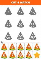 Educational game for kids count the dots on each silhouette and match them with the correct numbered watermelon slice fruits printable worksheet vector