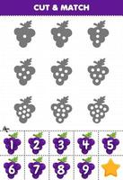 Educational game for kids count the dots on each silhouette and match them with the correct numbered grape fruits printable worksheet vector