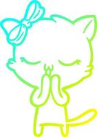 cold gradient line drawing cartoon cat with bow on head vector