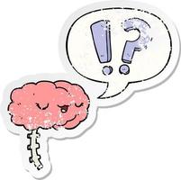 cartoon curious brain and speech bubble distressed sticker vector