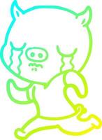 cold gradient line drawing cartoon pig crying running away vector