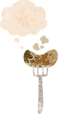cartoon sausage and fork and thought bubble in retro textured style