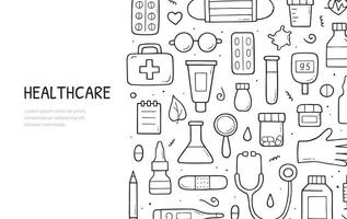 Hand drawn doodle set of medical and healthcare concept. Website banner template. Vector composition design.