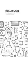 Hand drawn doodle set of medical and healthcare concept. Vertical banner template. Vector composition design.