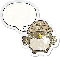 cute cartoon owl in hat and speech bubble distressed sticker vector