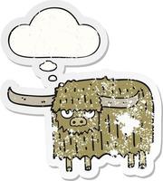 cartoon hairy cow and thought bubble as a distressed worn sticker vector