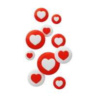 Corazones rojos voladores como el concepto en línea de las redes sociales como y el icono del corazón 3D Render png