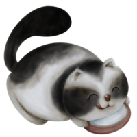 gatto paffuto a strisce bianche e nere che mangia latte in un acquerello