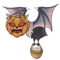 Halloween Pumpkin Masked Bat Carrying a Basket of Corn Candy png