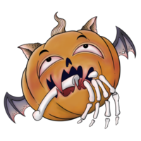 Halloween Pumpkin Masked Bat Chews Skeleton on Arm png